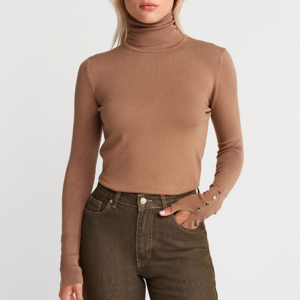 Beige Button Sleeve Turtleneck
