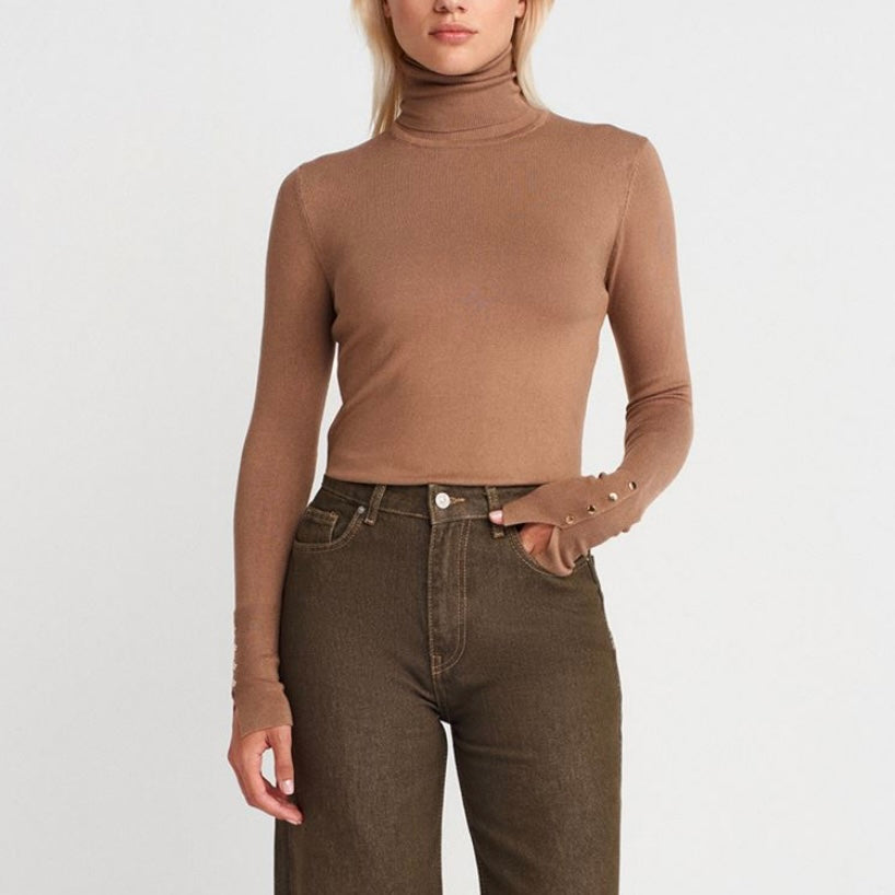 Beige Button Sleeve Turtleneck