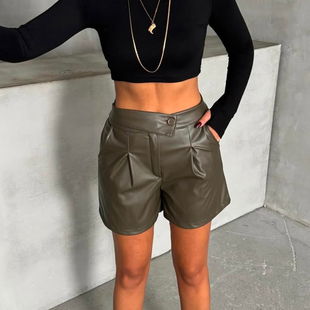 Olive Green Leather Shorts