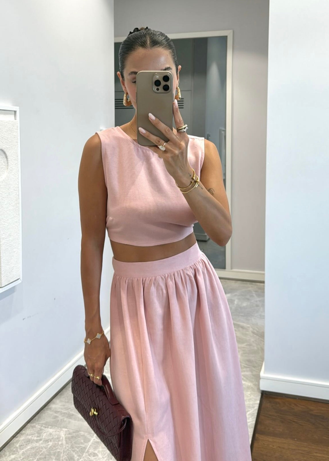 Pink Slit Skirt Set