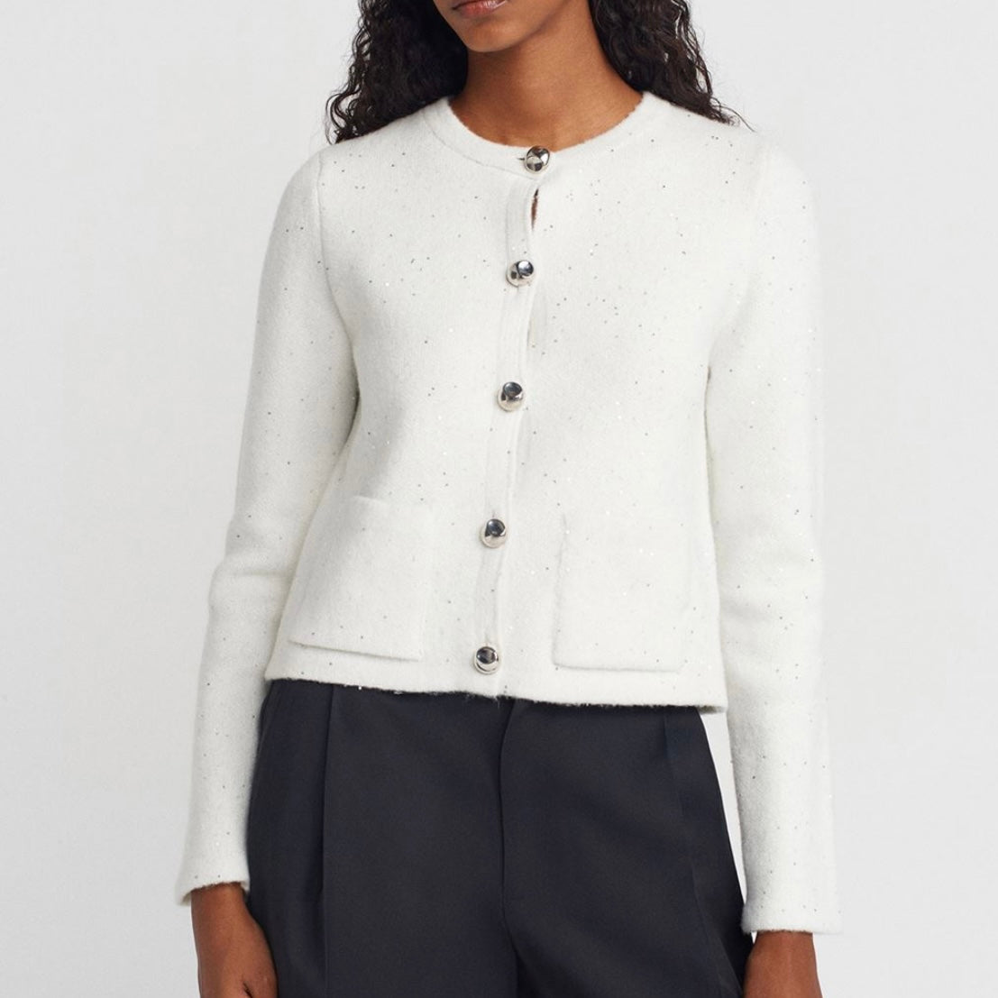 White Glitter Cardigan with Silver Buttons