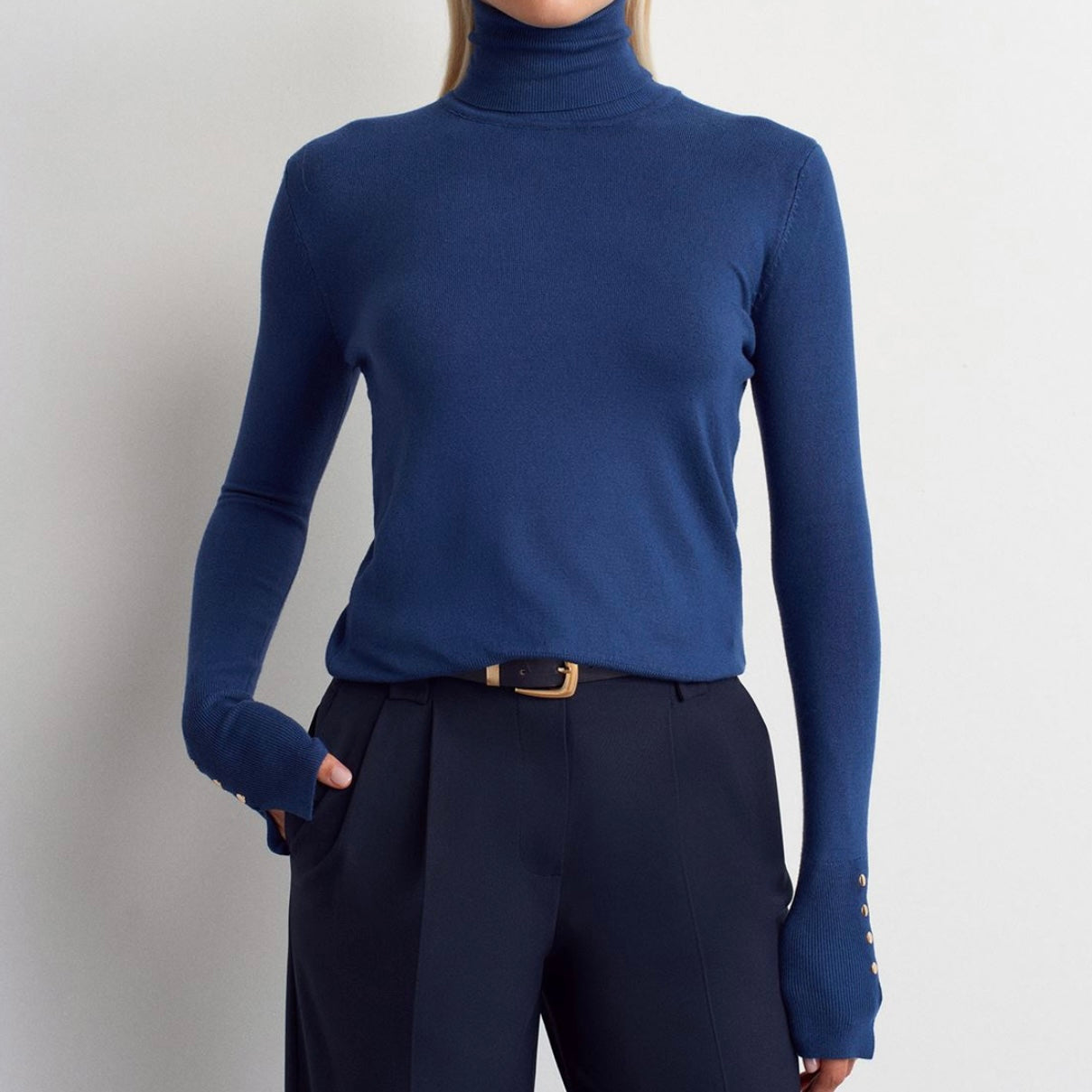 Blue Button Sleeve Turtleneck