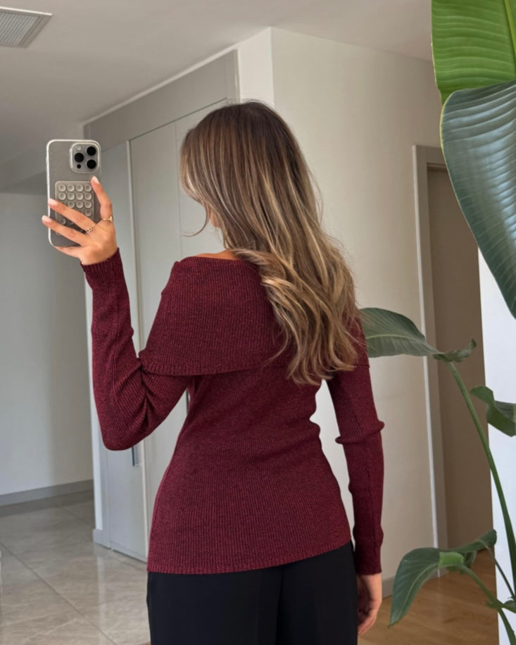 Burgundy Glitter Off-Shoulders