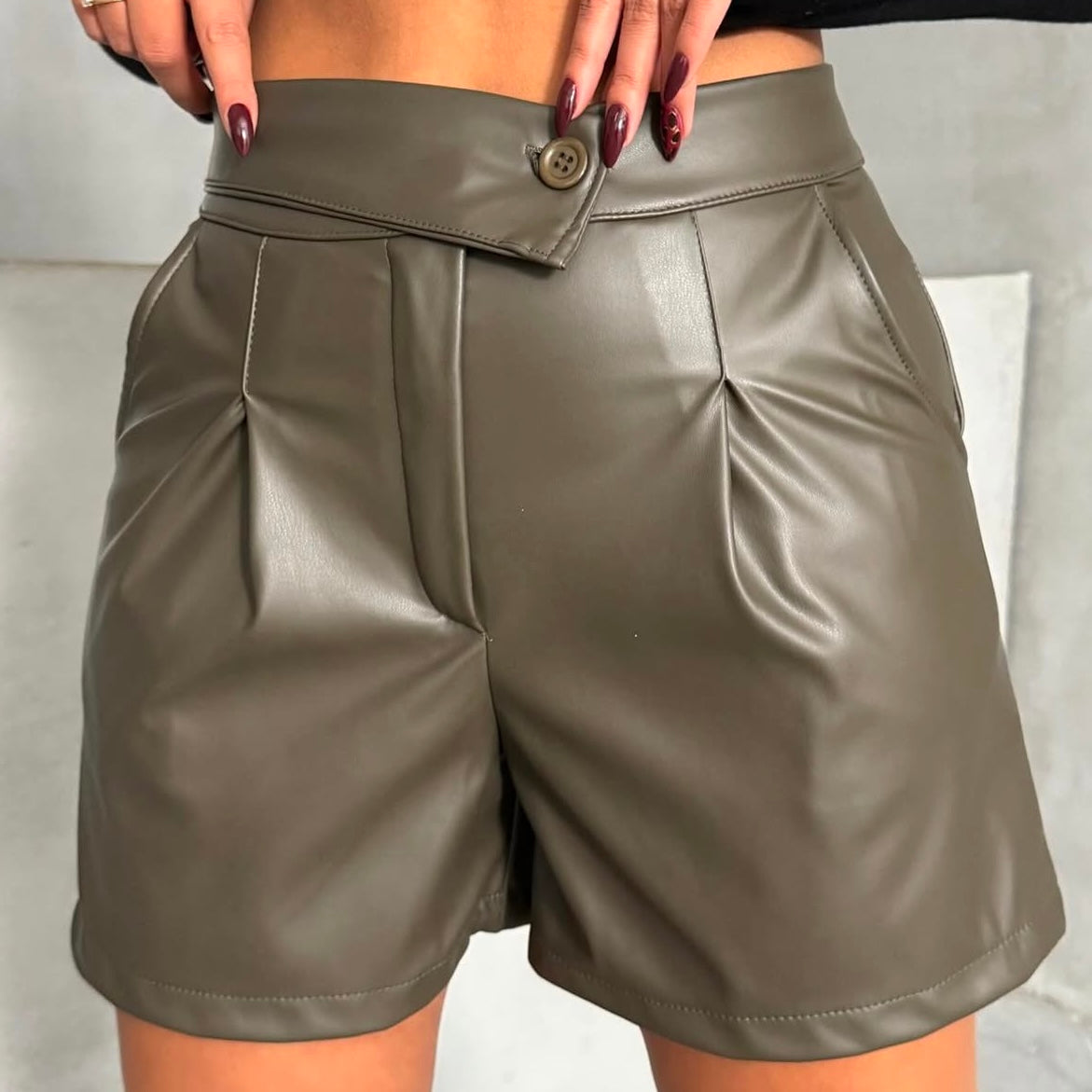 Olive Green Leather Shorts