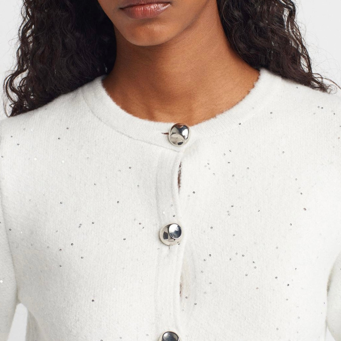 White Glitter Cardigan with Silver Buttons