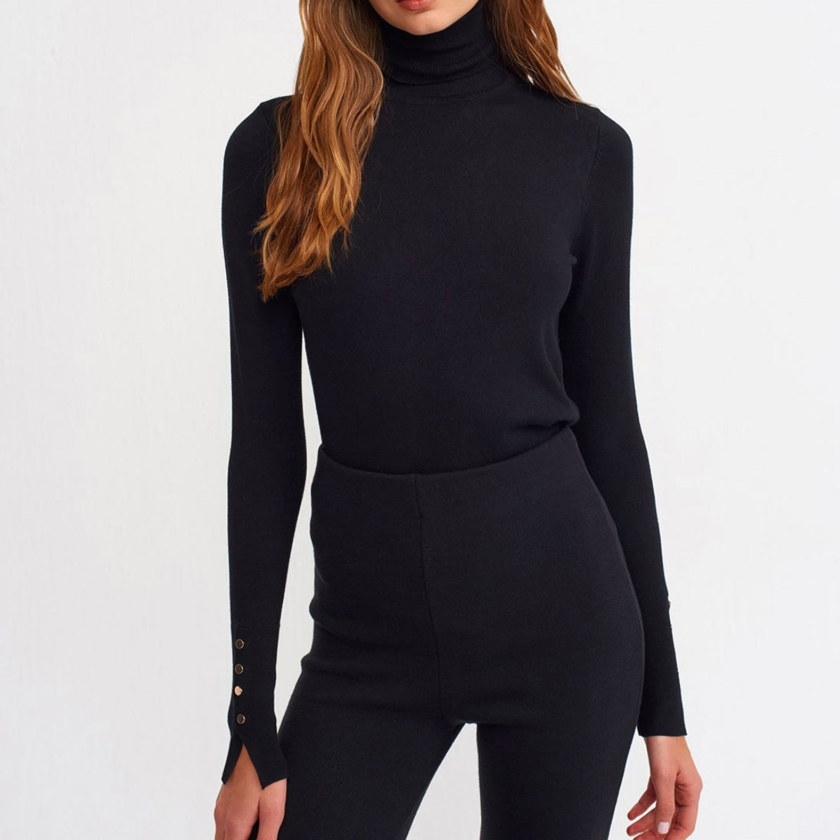 Black Button Sleeve Turtleneck
