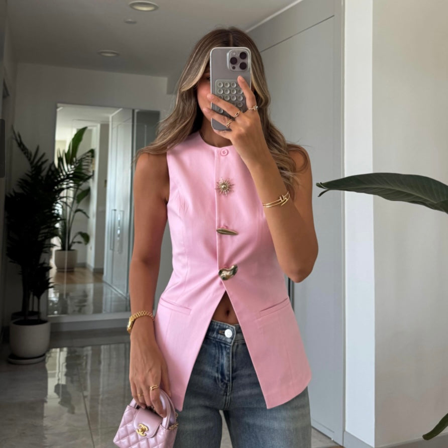 Pink Gold Buttons Vest