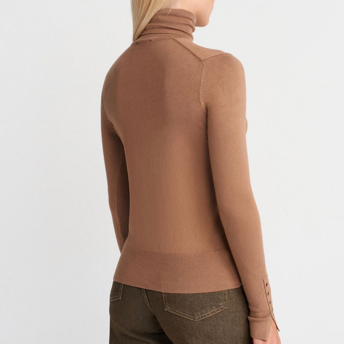 Beige Button Sleeve Turtleneck