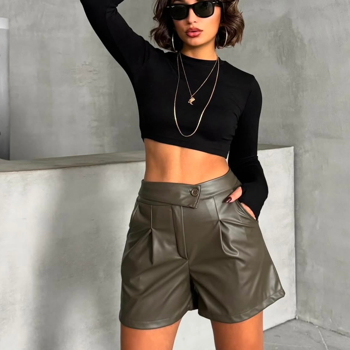 Olive Green Leather Shorts