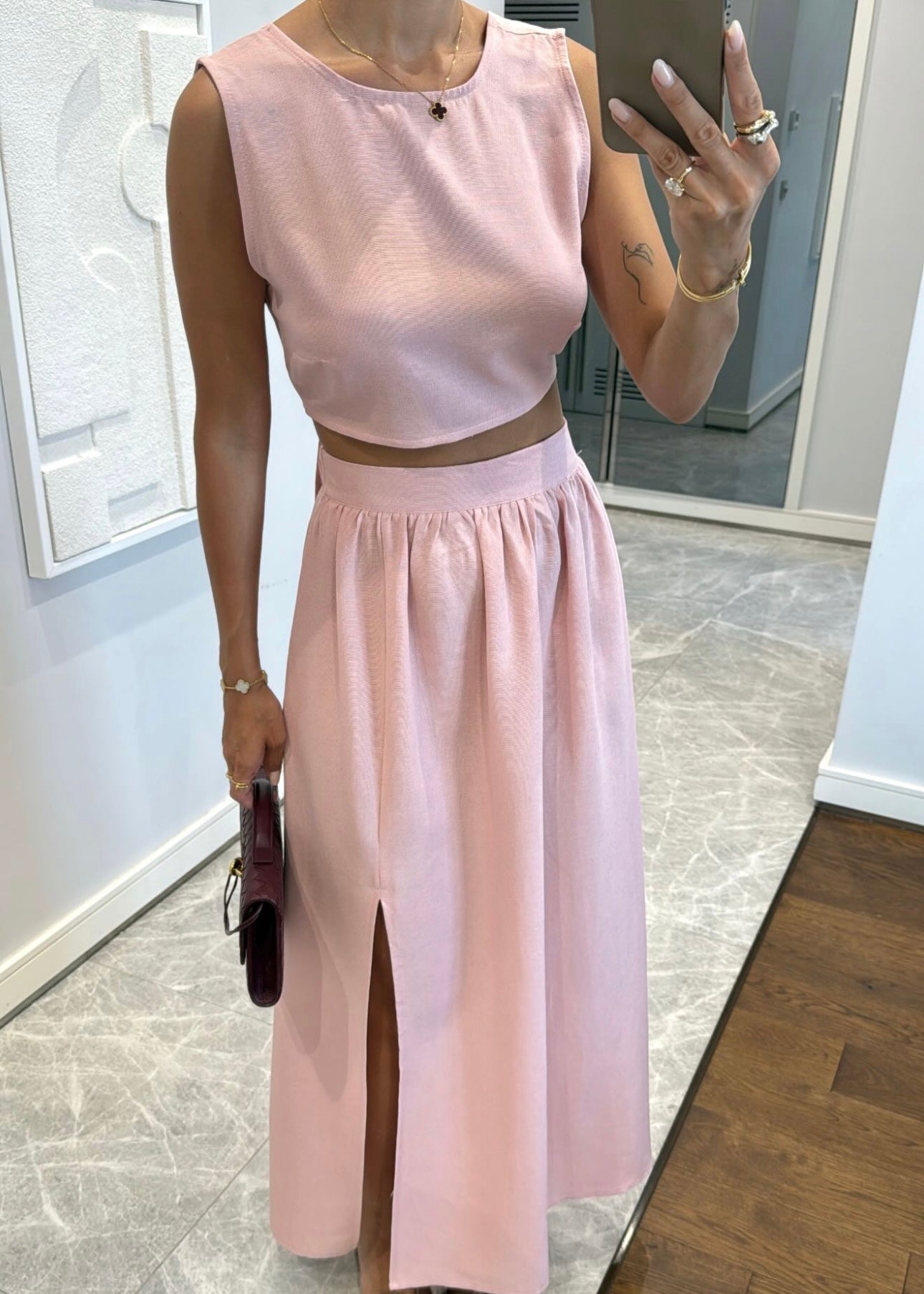 Pink Slit Skirt Set