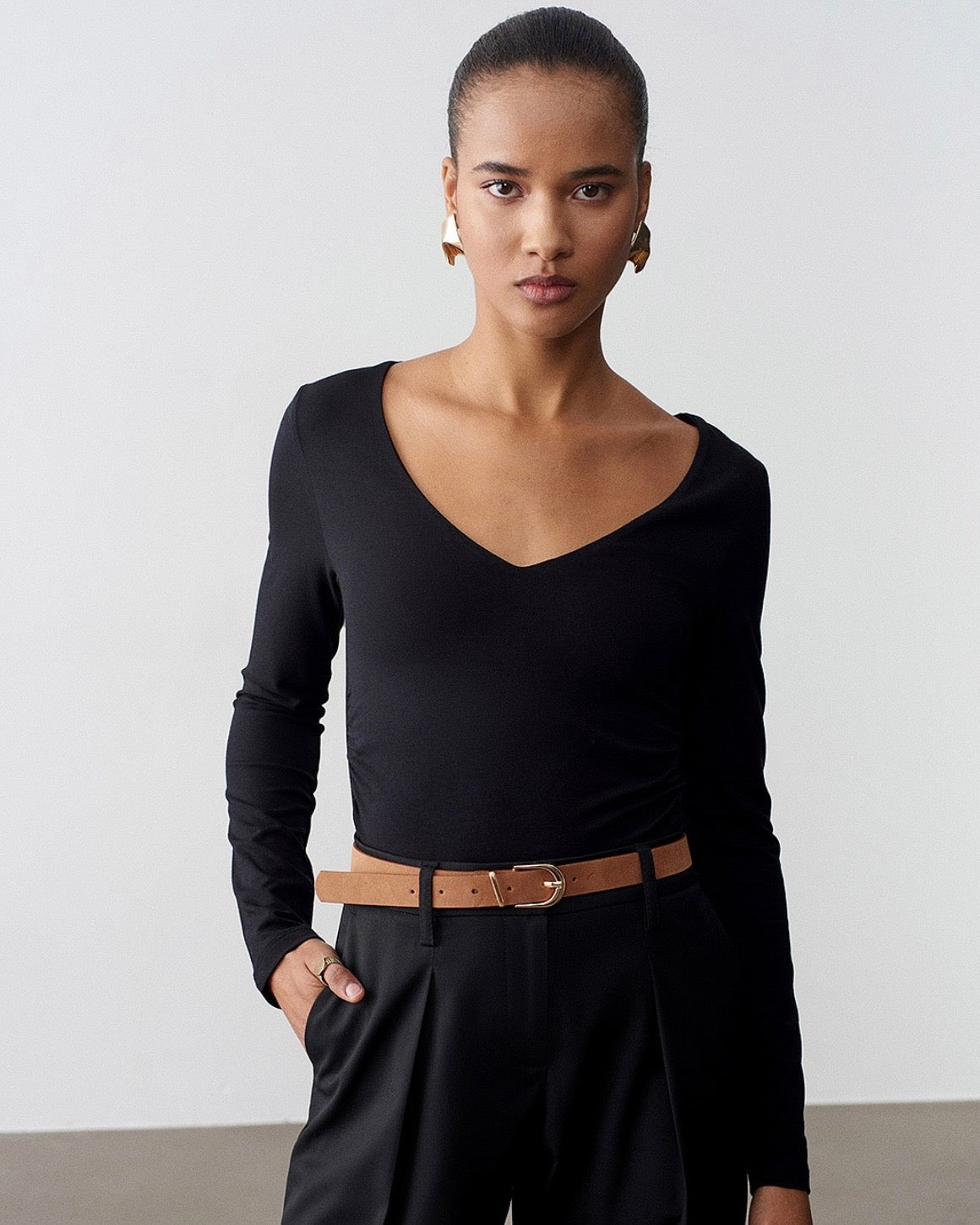 Black Basic V Neck Top