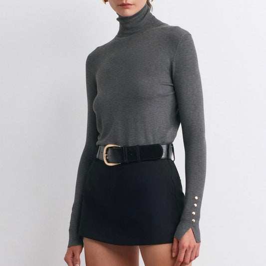 Gray Button Sleeve Turtleneck