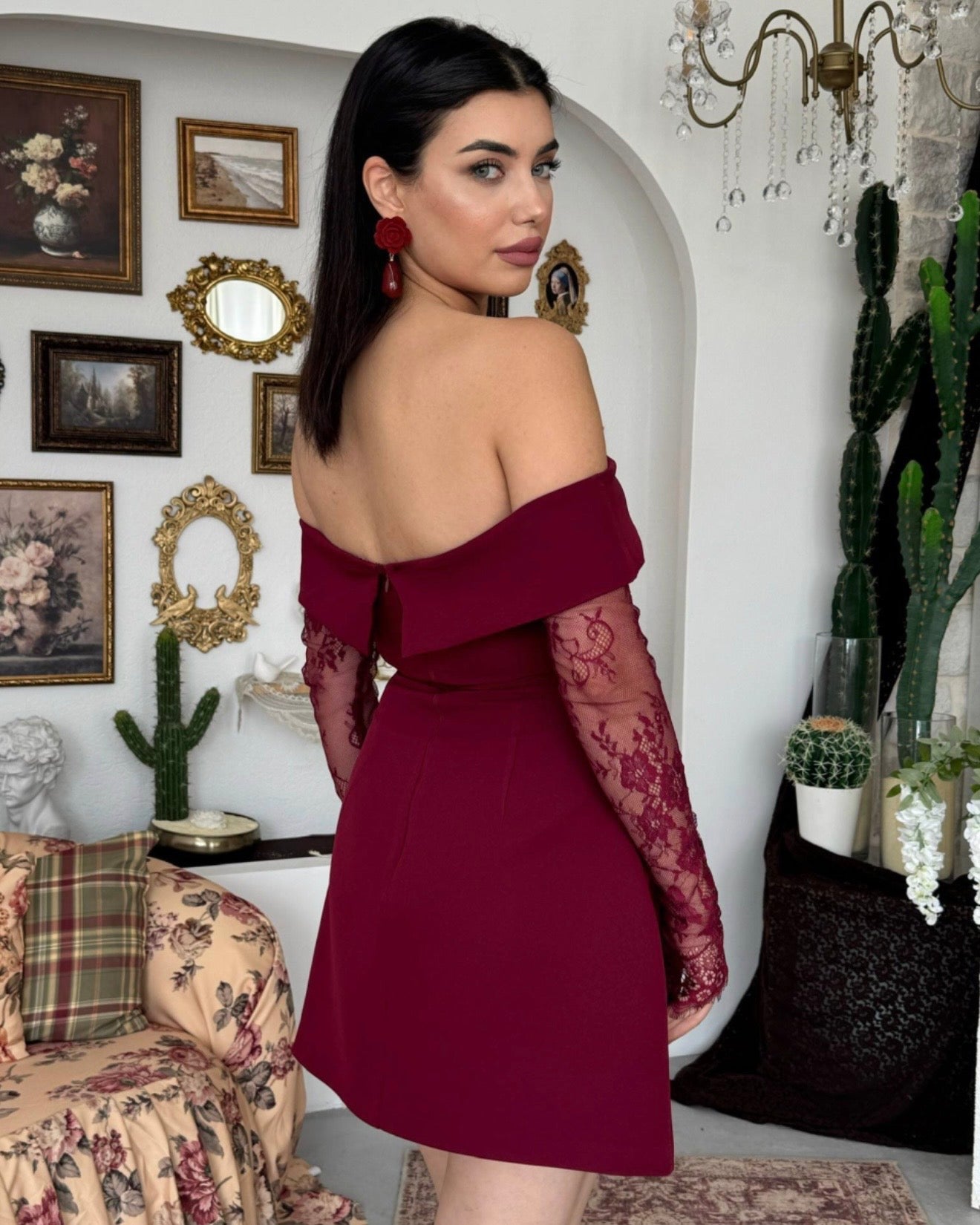 Burgundy Off-Shoulders Lace Dress
