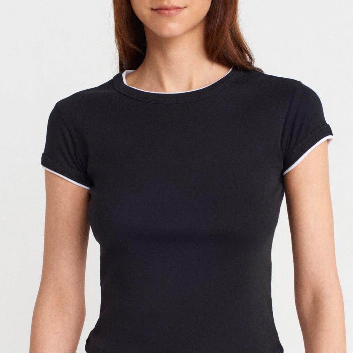 Black fitted t-shirt with white trim