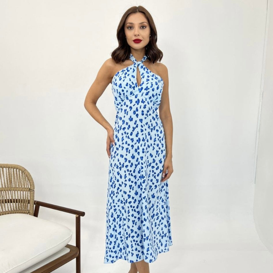 Blue Halter Floral Dress