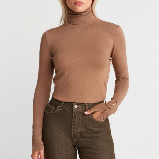 Beige Button Sleeve Turtleneck
