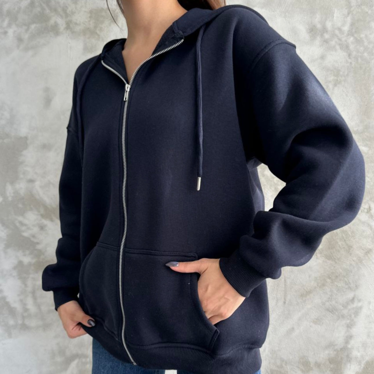 Dark Blue Zip Up Hoodie Jacket