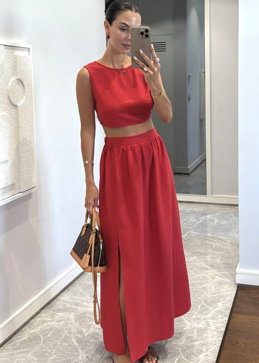 Red Slit Skirt Set
