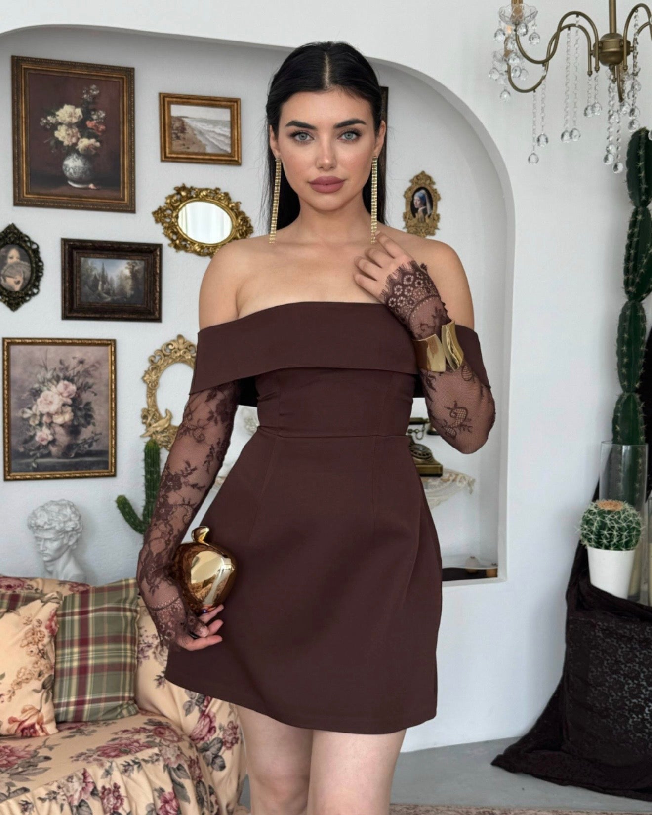 Brown Off-Shoulders Lace Dress