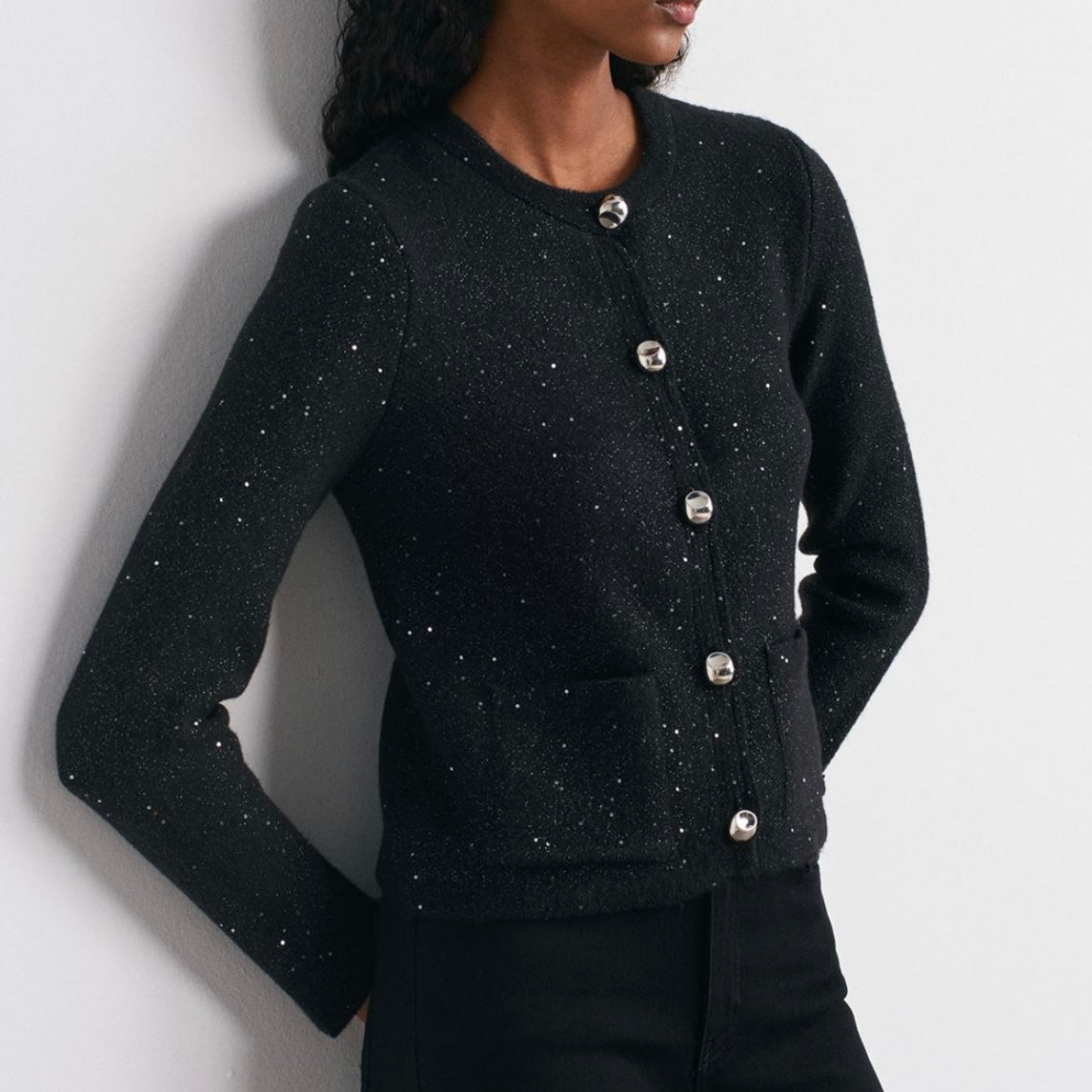 Gray Glitter Cardigan with Silver Buttons