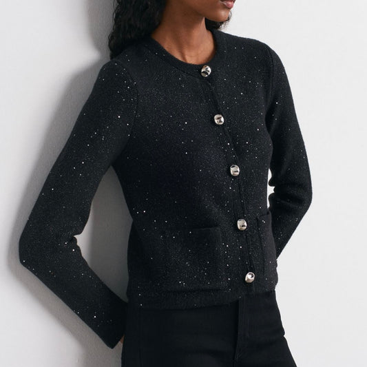 Gray Glitter Cardigan with Silver Buttons