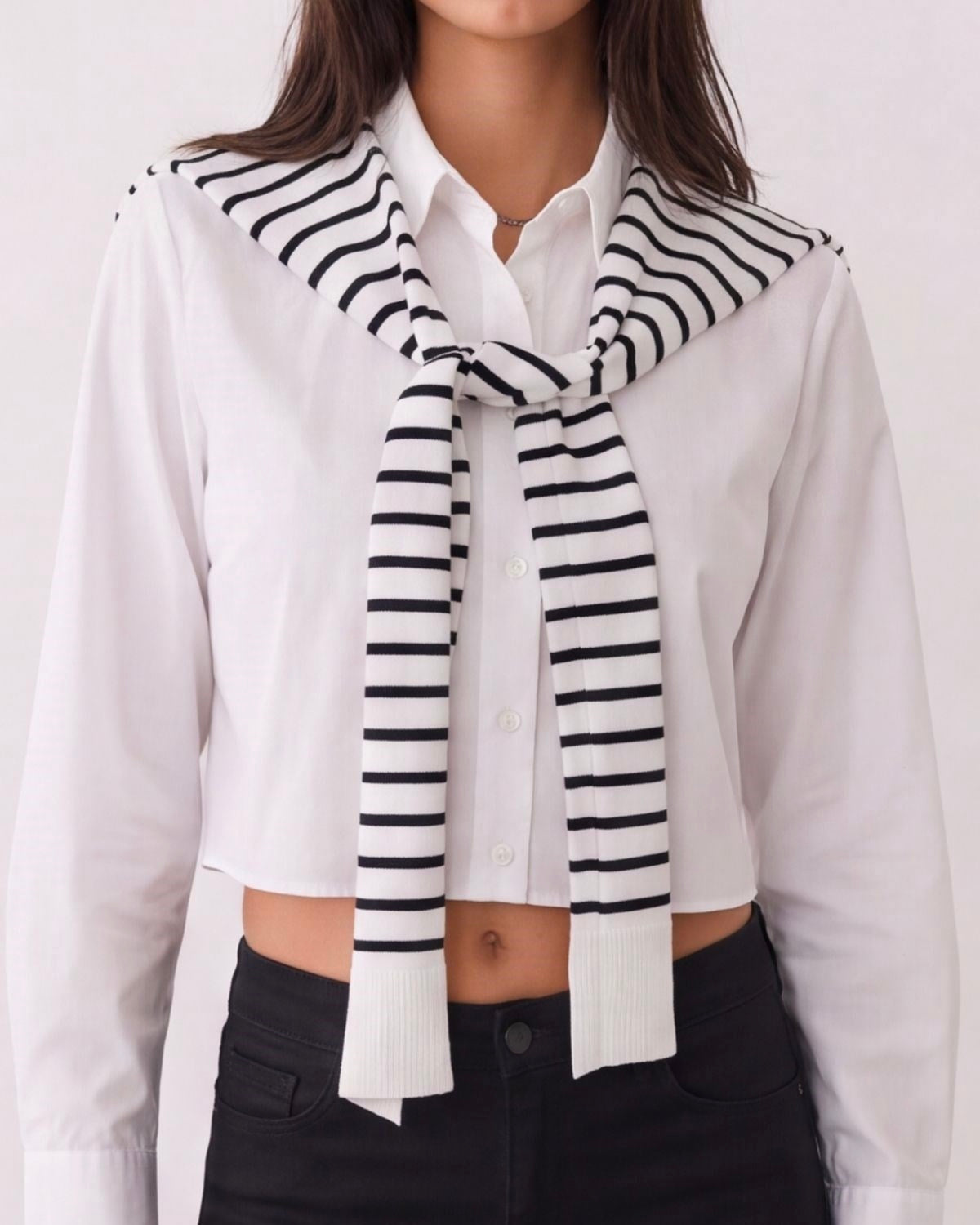 White Shirt With Striped Scarf