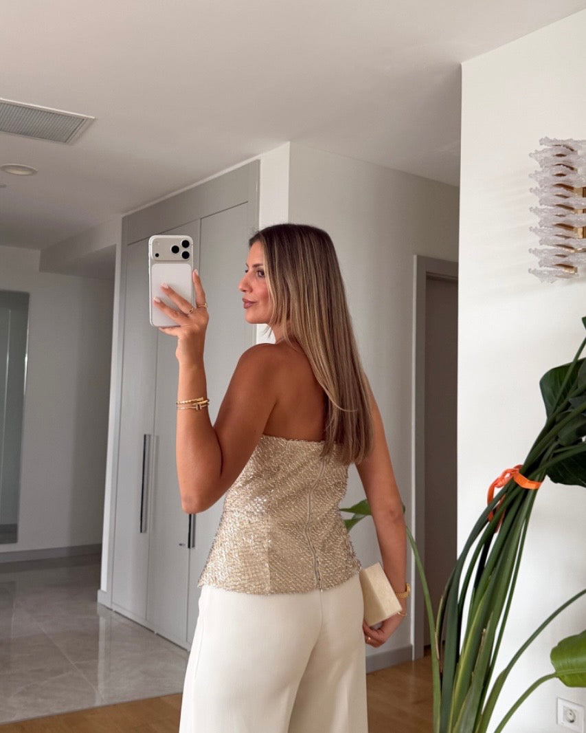 Beige Detailed Strapless Top