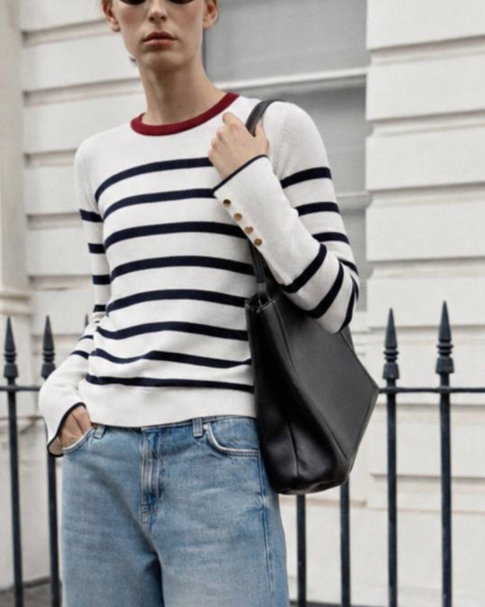 White Striped Buttons Sweater