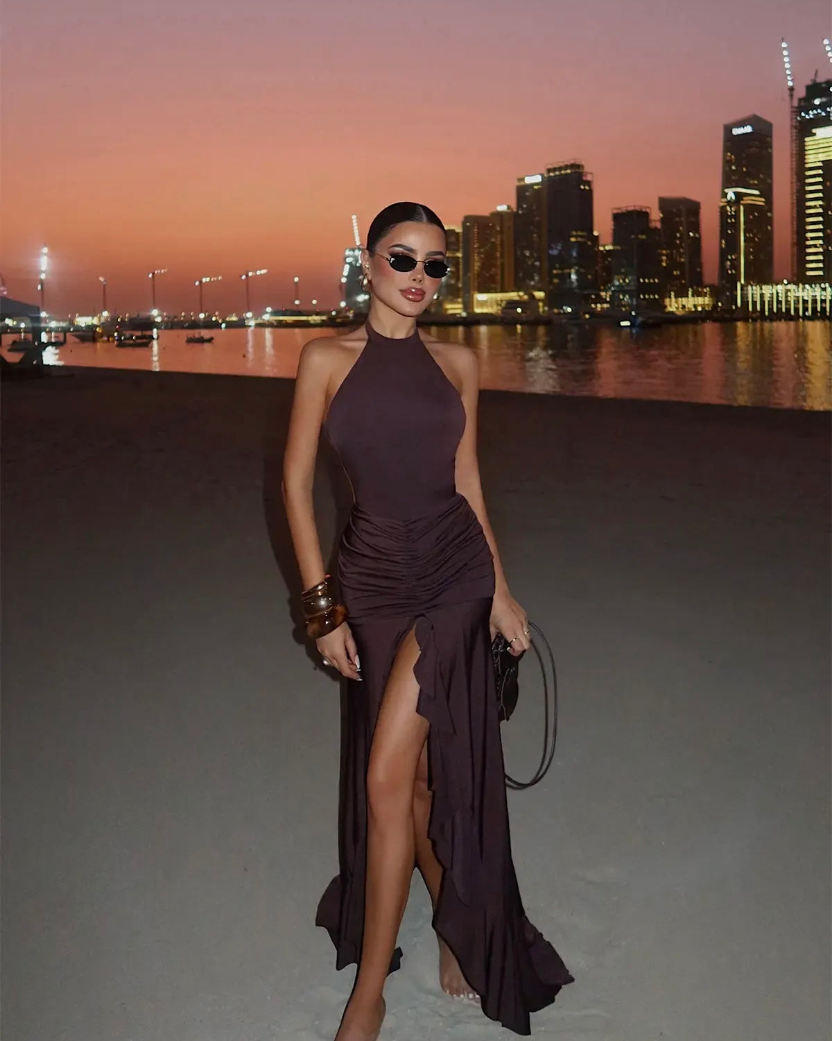 Brown Ruffles Long Dress