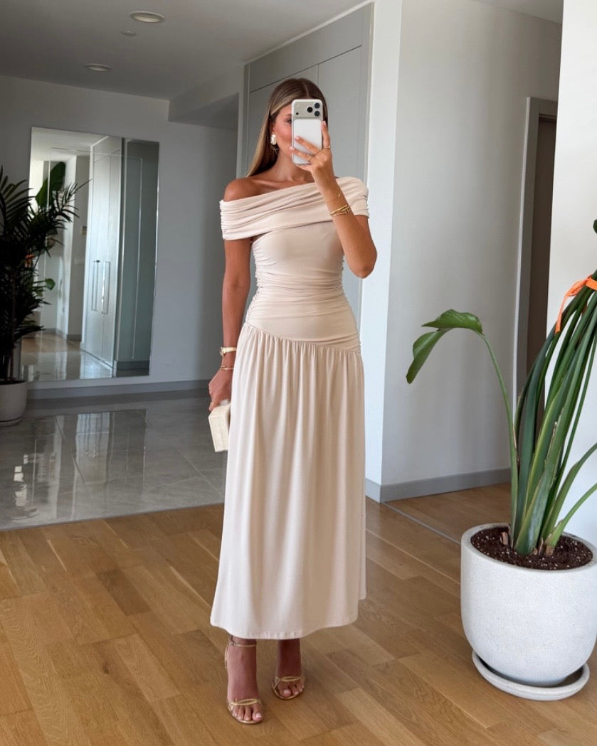 Beige Off-Shoulders Dress