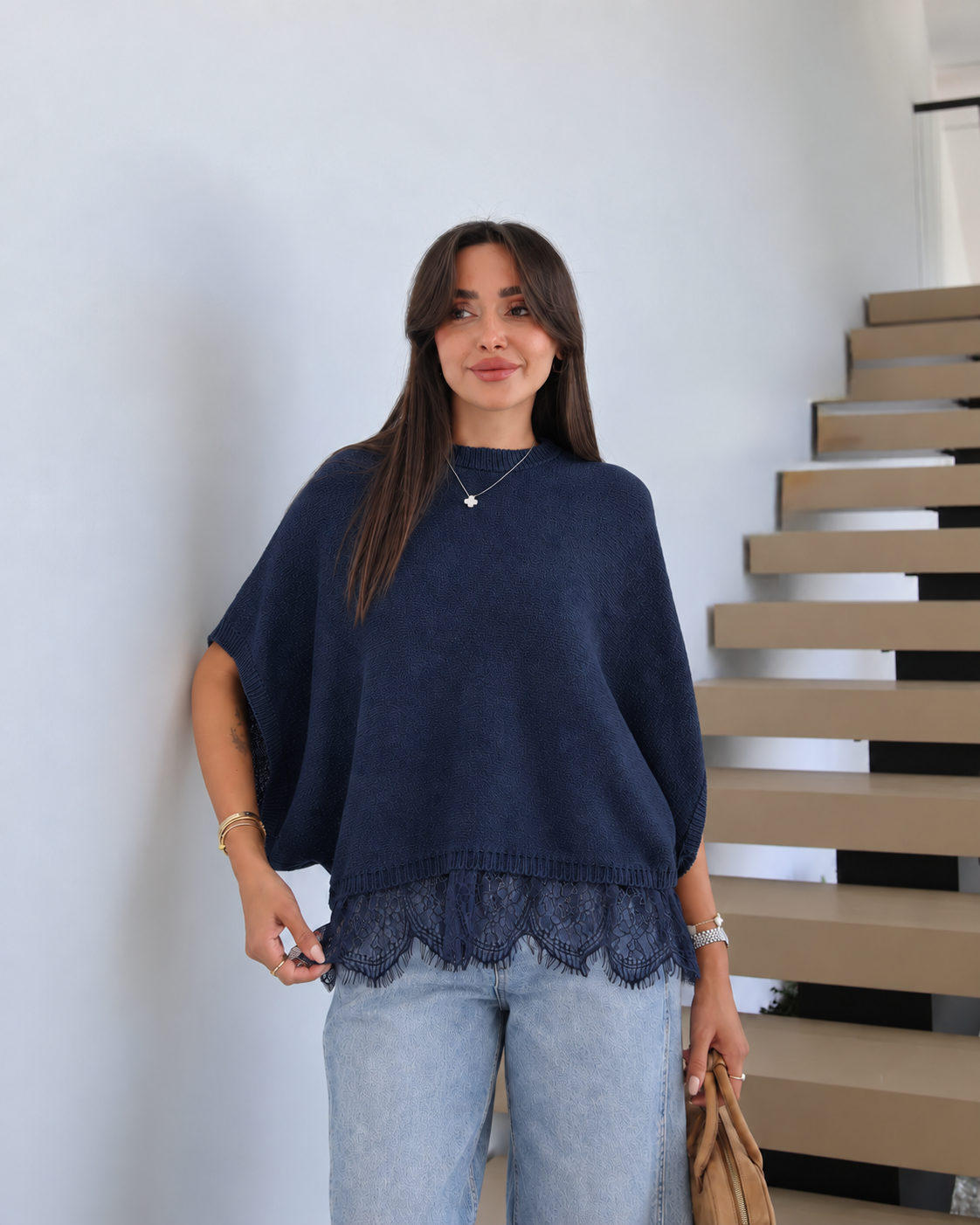 Navy Short Sleeve Knit Top With Lace