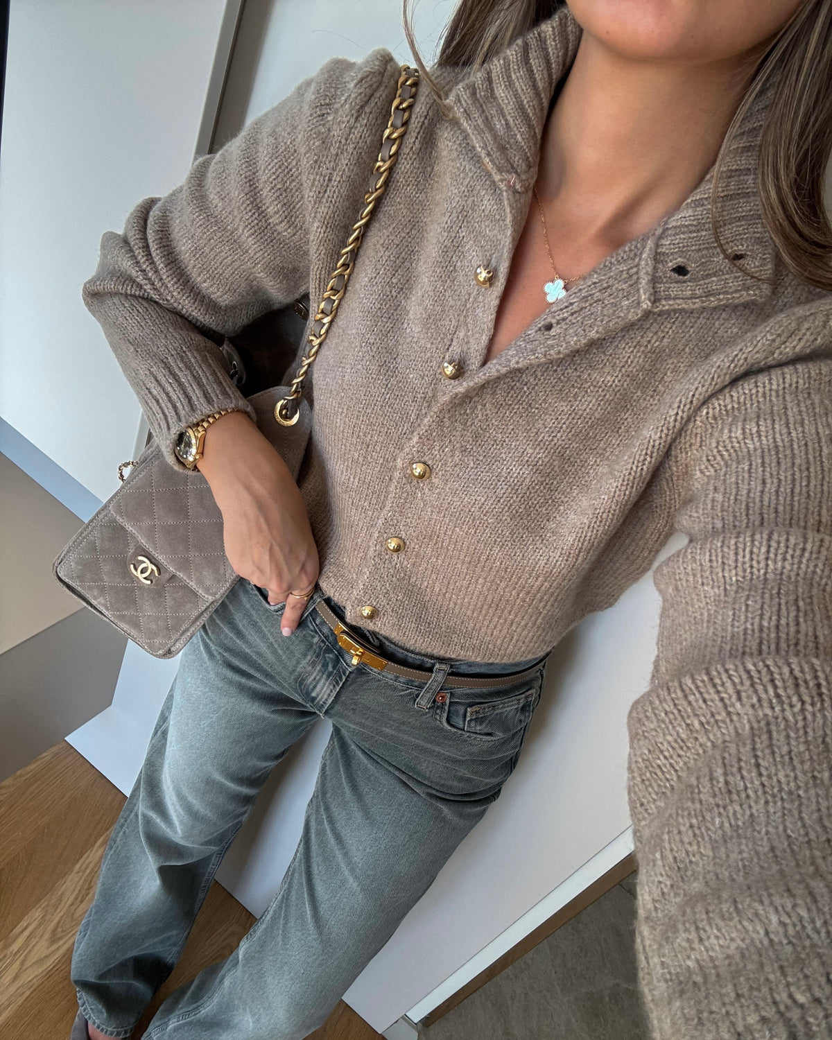 Mocha Sweater With Gold Buttons