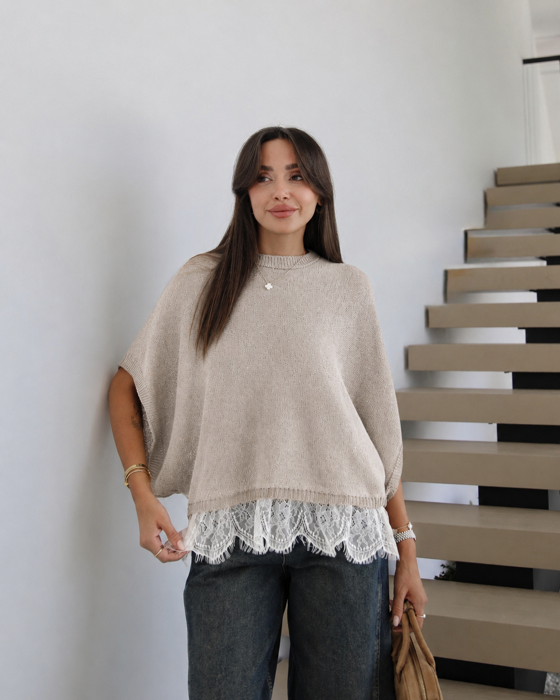 Beige Short Sleeve Knit Top With Lace