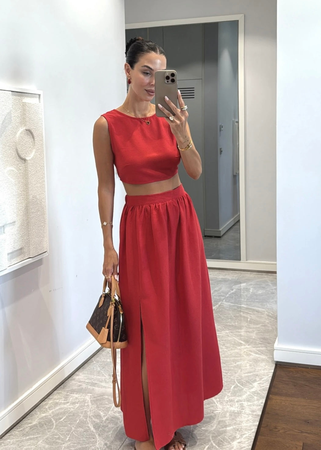 Red Slit Skirt Set