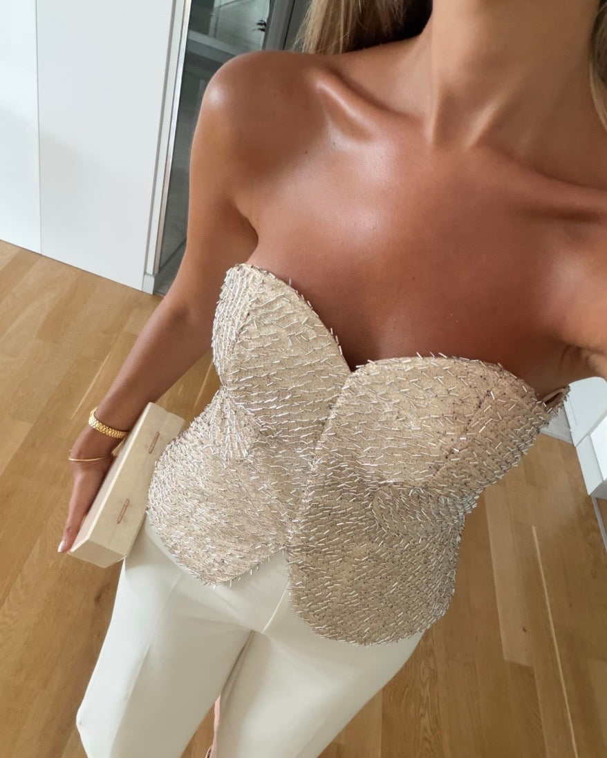 Beige Detailed Strapless Top