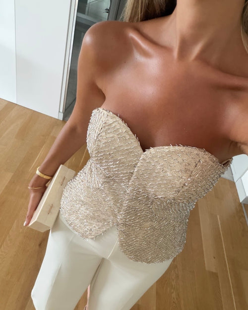 Beige Detailed Strapless Top