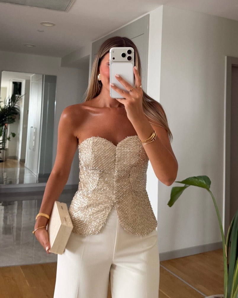 Beige Detailed Strapless Top