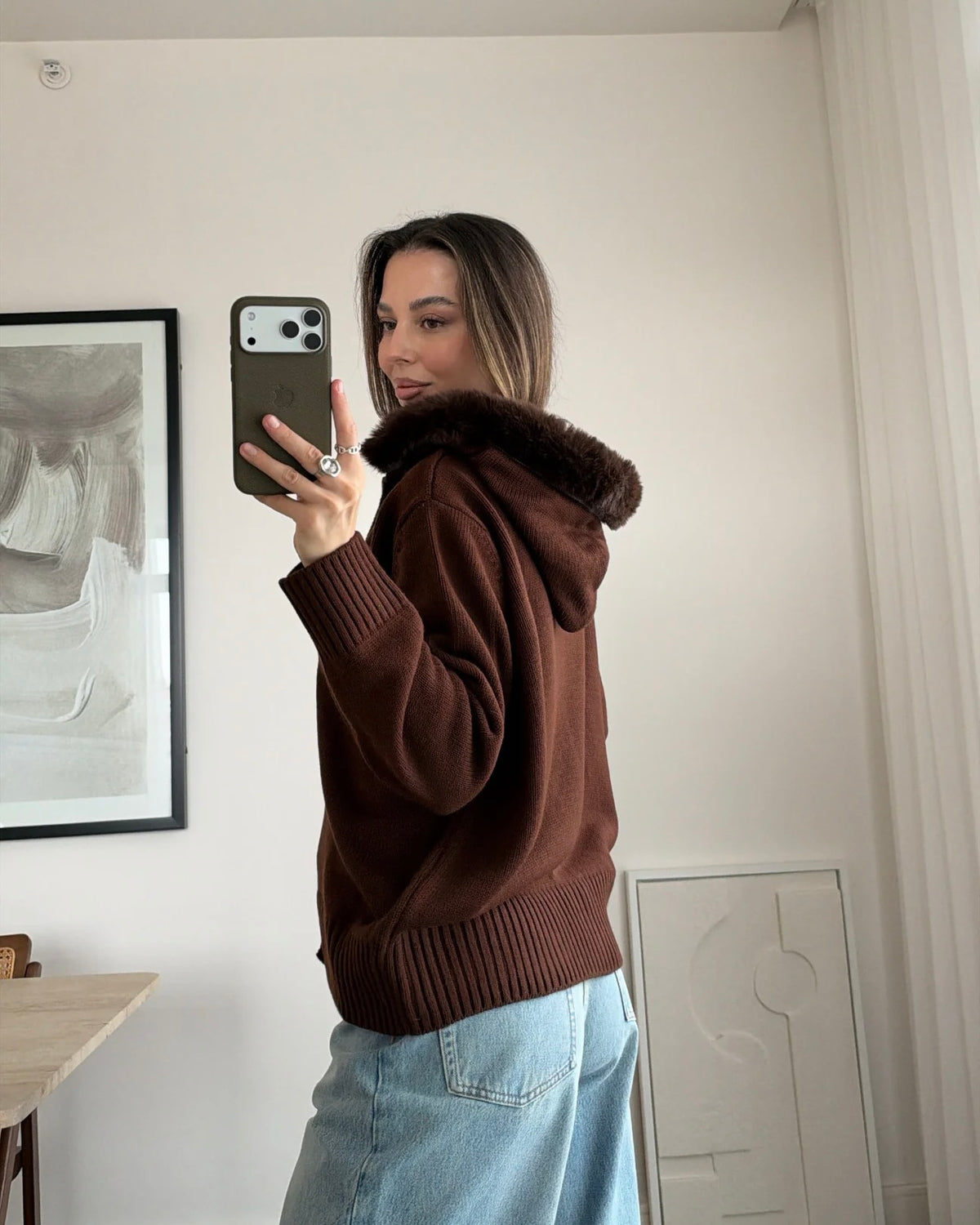Brown Faux Fur Zip-Up Sweater