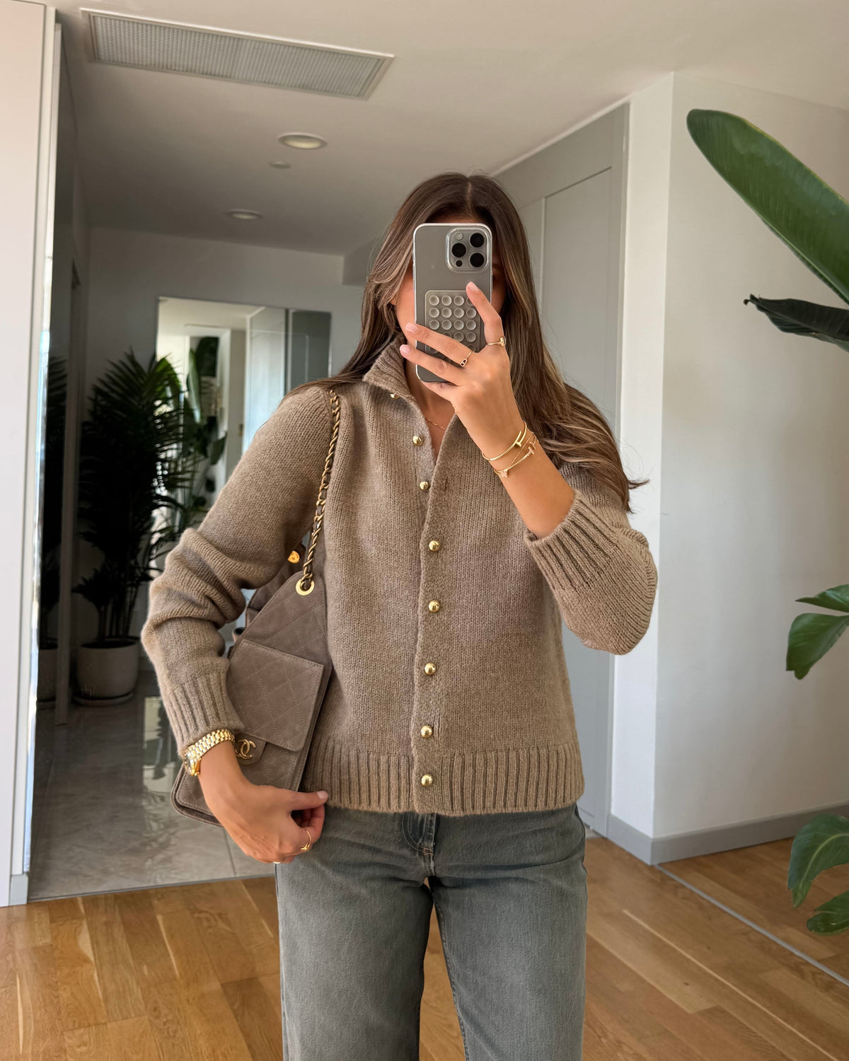 Mocha Sweater With Gold Buttons