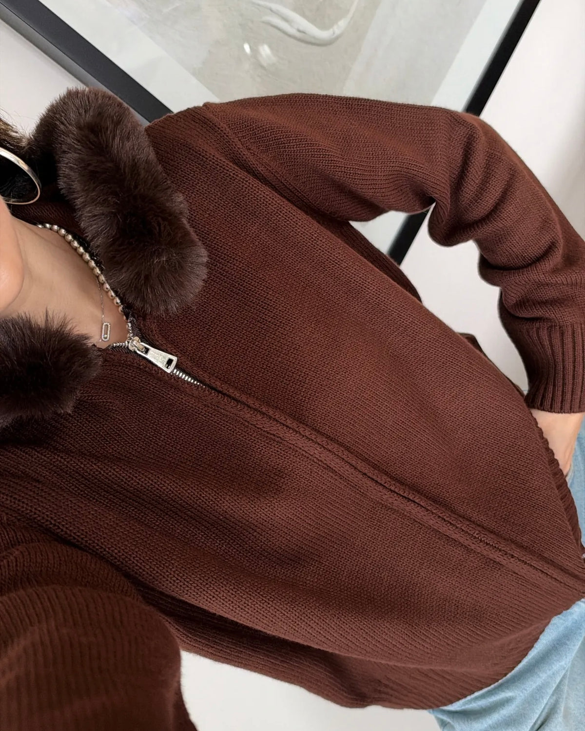 Brown Faux Fur Zip-Up Sweater