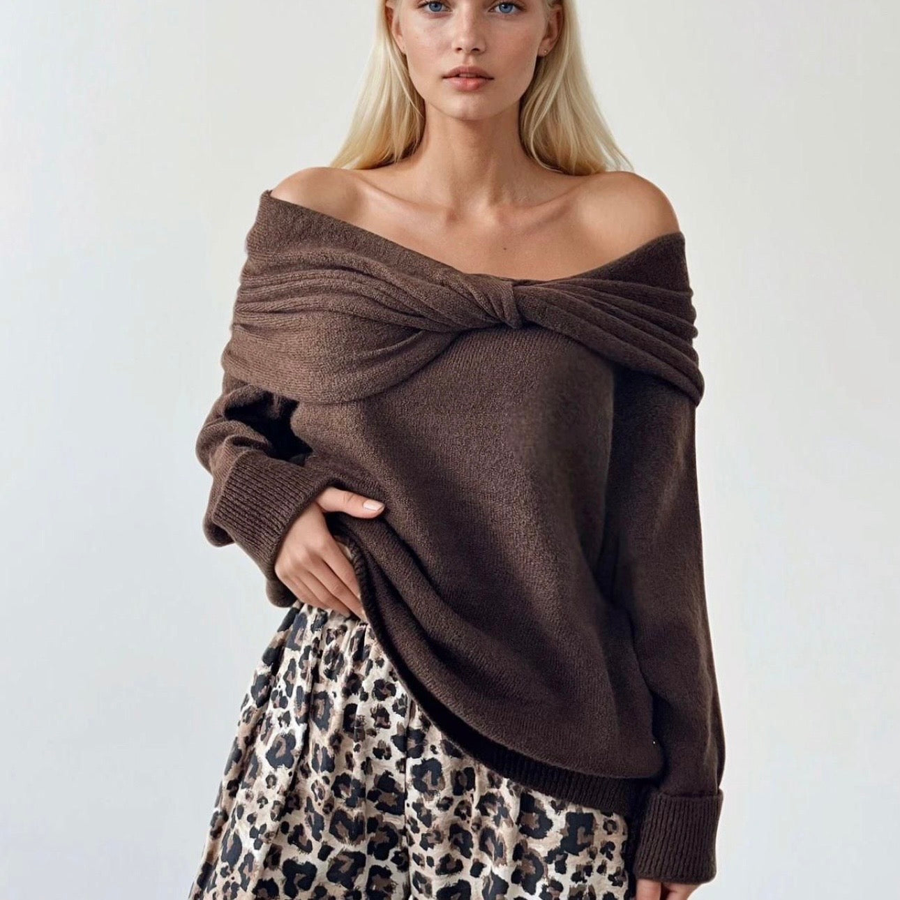 Brown Off-Shoulders Sweater