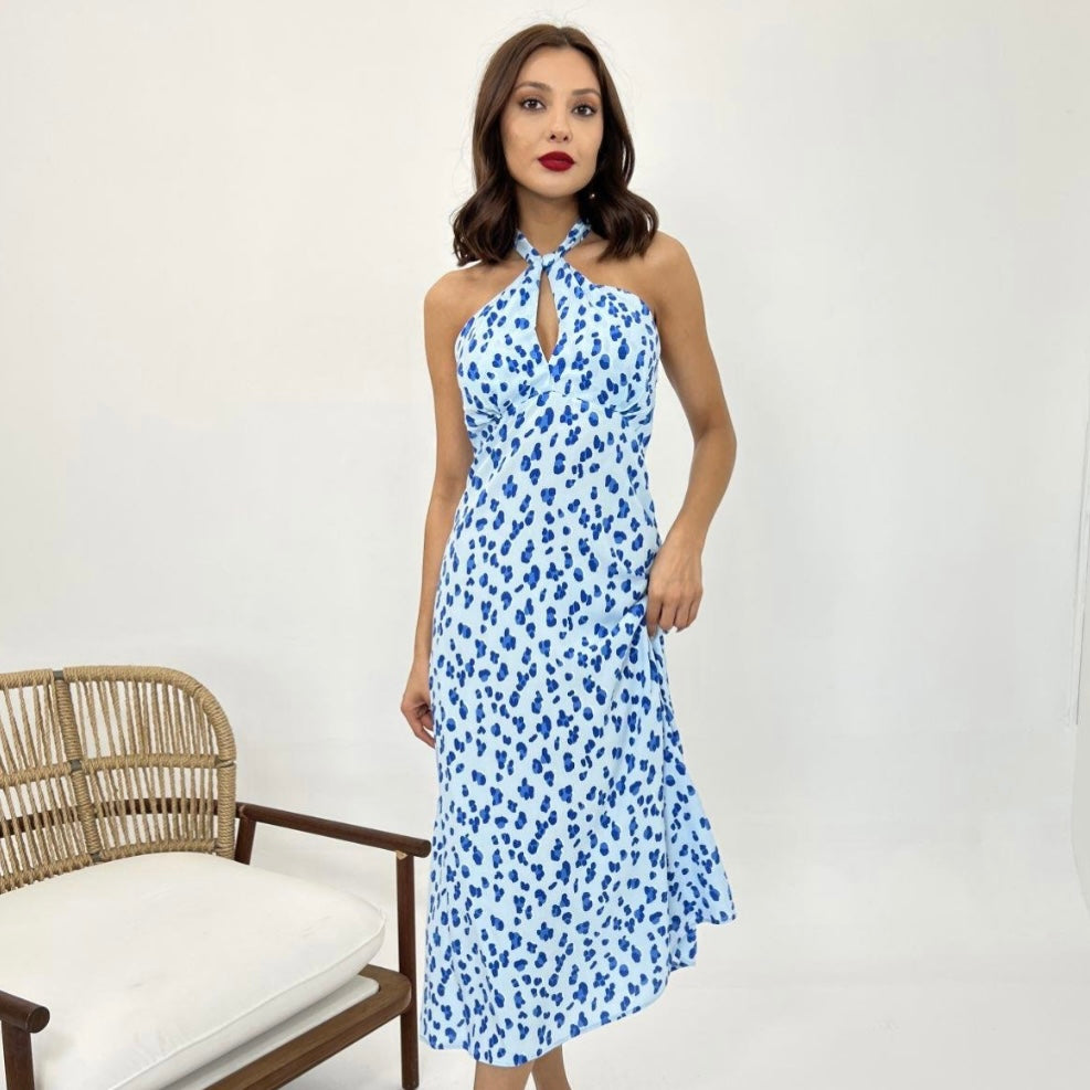 Blue Halter Floral Dress