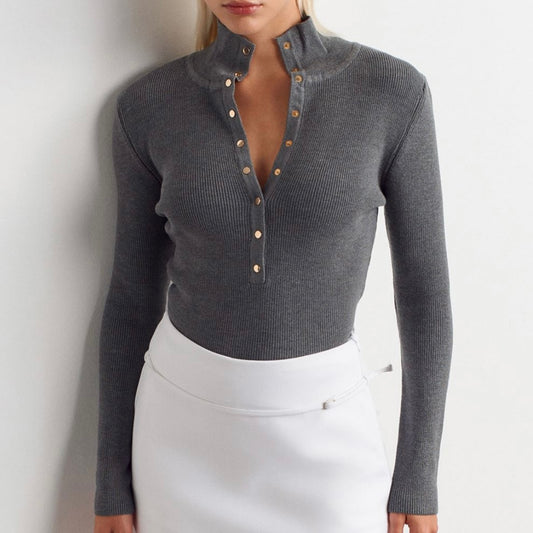 Gray Button Up Sweater Top