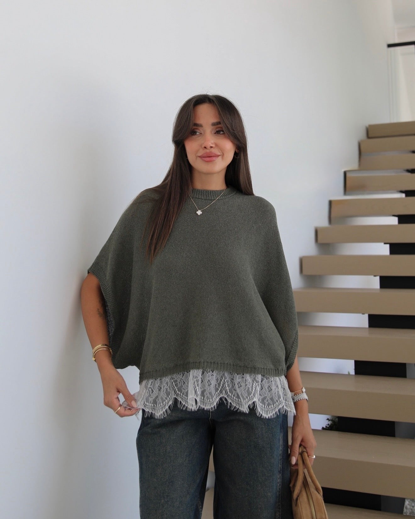 Short Sleeve Knit Top With Lace
