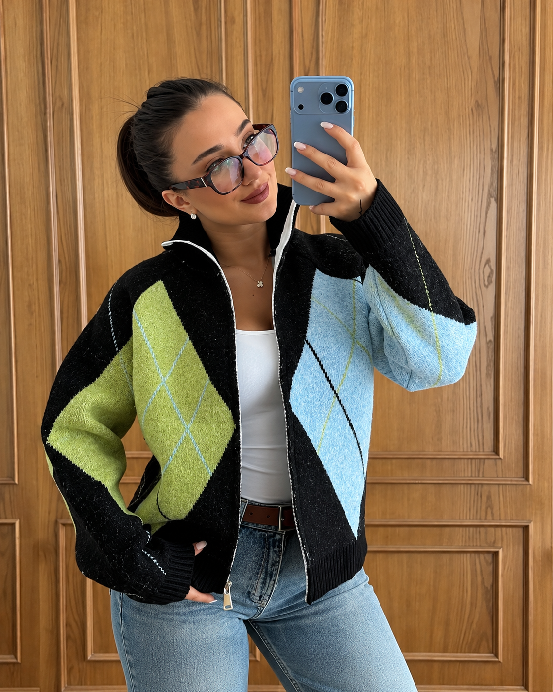 Bella Argyle Zip Cardigan