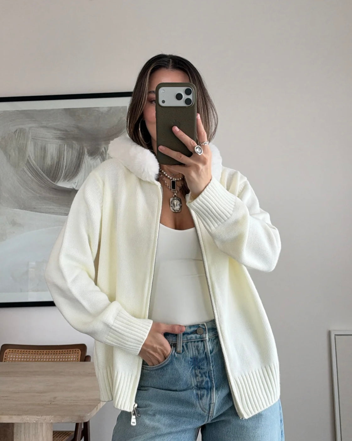 White Faux Fur Zip-Up Sweater