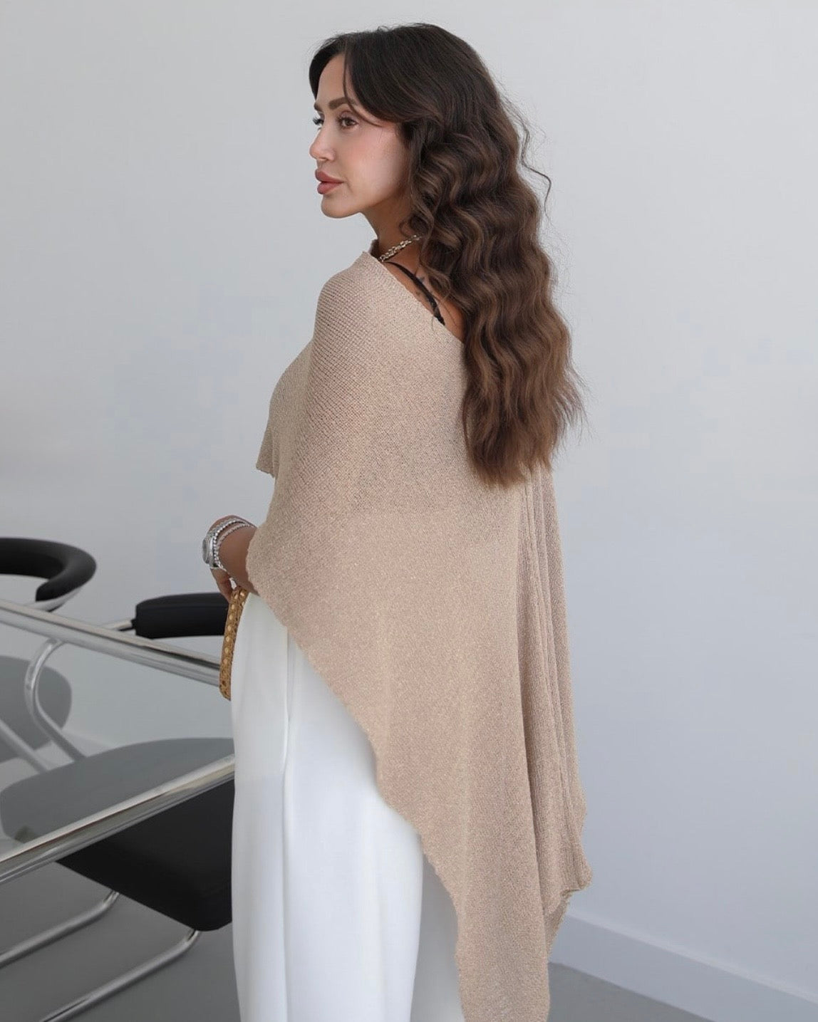 Beige Cropped Poncho