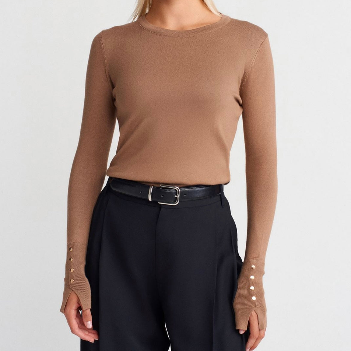 Beige Sleeve buttons Top