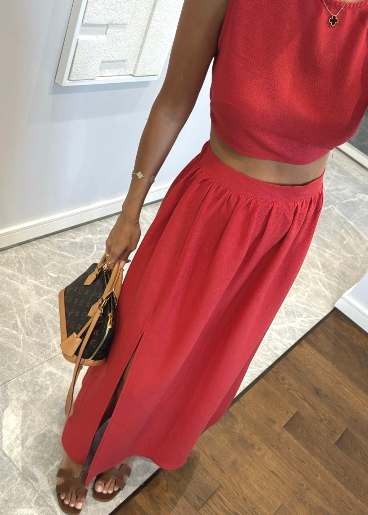 Red Slit Skirt Set