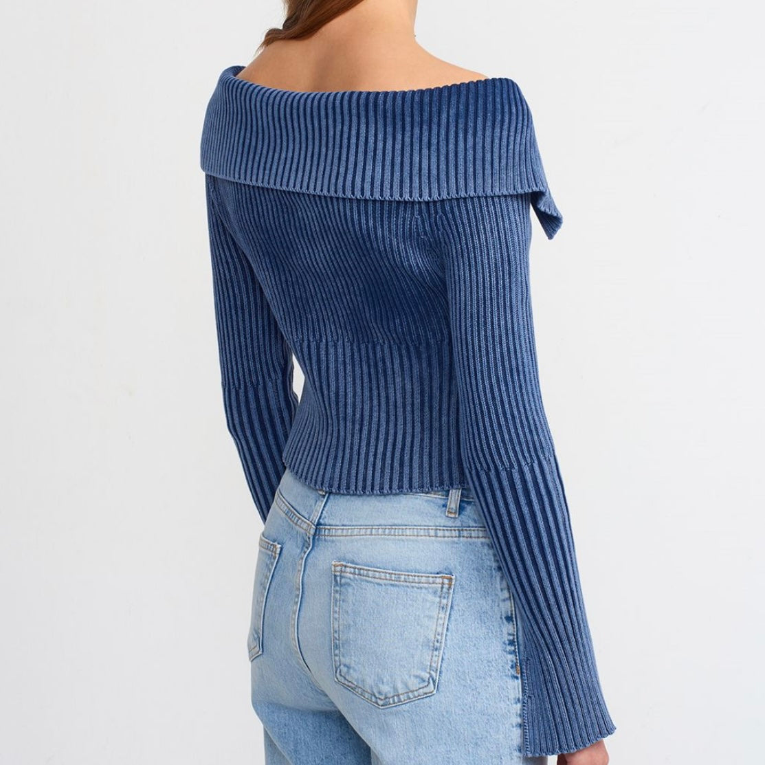 Blue Off-Shoulders Sweater Top